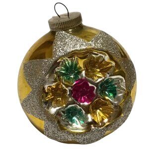 Vintage Indent Reflector West Germany Glass Gold Millefiori Look Ornament 2.5"